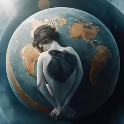 a woman standing in front of a globe