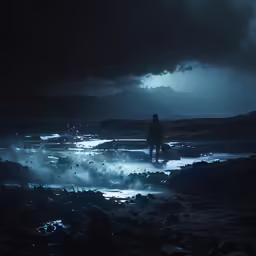 a man standing in the water at night with a stormy sky