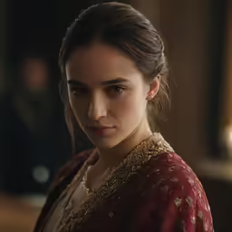 a young woman wearing a red dress and a braid with long hair standing in front of a gold framed object