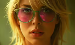 a woman wearing glasses and pink speckles in a scene