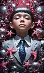 a kid in a suit and tie surrounded by bubbles