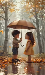 two children are standing outside in the rain under an umbrella