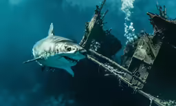 shark in blue water near an old boat wreck