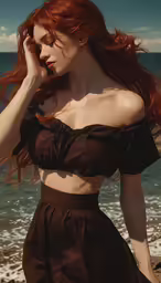 a beautiful woman standing next to the ocean on top of a beach