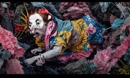 a creepy clown lying on his stomach in a pile of dead leaves