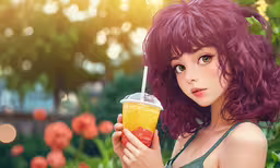 a young woman with purple hair is holding a cup,a girl is holding up a drink with pink hair
