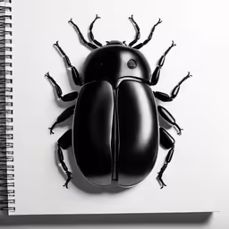 the beetle is on the notebook with its wings spread out