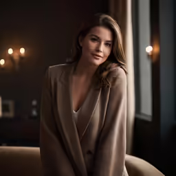 a woman is sitting on a sofa in the dark