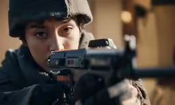 a woman holding up a gun to a camera