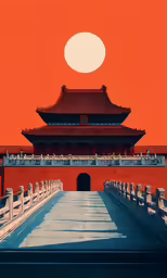 a picture of a large building with orange skies above