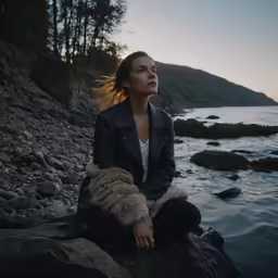 a young woman sits on rocks by the water at sunset