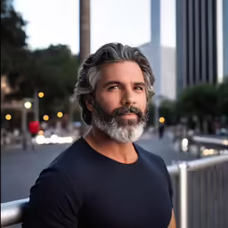 a man standing by a rail with buildings in the background