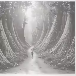 a person walking down a path with trees on both sides of it