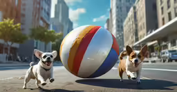 two dogs running with an oversized ball on the street