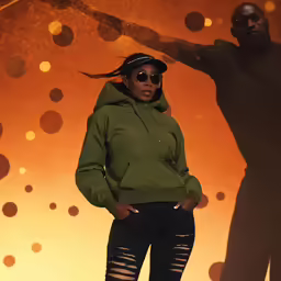 black guy and woman posing for photo against an orange background