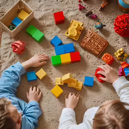 a little boy playing with a large assortment of different colored toys