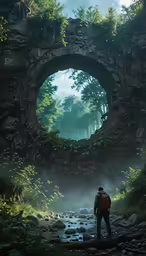a man standing in front of an abandoned forest portal