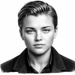 a woman in black jacket and a shirt looks into the camera
