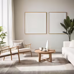 white couches and chairs in a living room with two posters on the wall