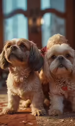 two dogs in dress standing next to each other