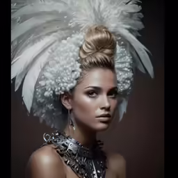 a woman is wearing a white feather headdress