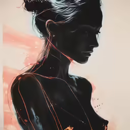 a painting of a female in profile with hair flowing up