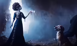 a woman holding a wand and looking up while next to a dog