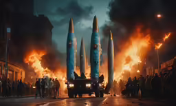 several people watching vehicles and bomb rockets being thrown