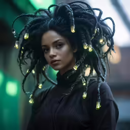 a woman with dreadlocks, looking off into the distance