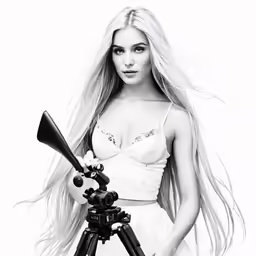 a beautiful young woman in short skirt and bra top holding an item with a tripod
