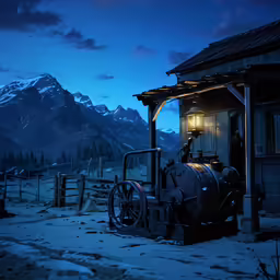 an old fashioned machine is displayed outside in the evening