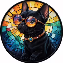 a black cat with glasses sitting inside of a stained glass circle