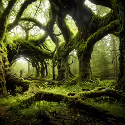 a green forest with trees and moss on the ground