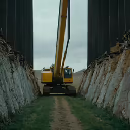 a yellow crane sitting in the middle of a tunnel
