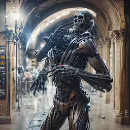 an alien robot walks through the dark tunnel