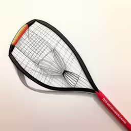 a tennis racket with an imprint on it,a tennis racket is pictured lying flat and the racquet is empty,the metal badminton racket is in a shape of a feather,a wire sculpture of a badminton racquet,a tennis racket sitting on top of a table