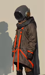 a person in an old coat and an orange safety harness