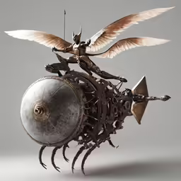 a large metal object with wings, a shield and some sort of weapon