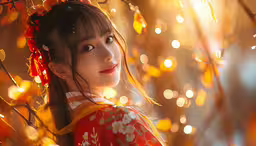 a girl in a red dress standing under a tree with bright lights,an image of an asian girl with flowers in her hair