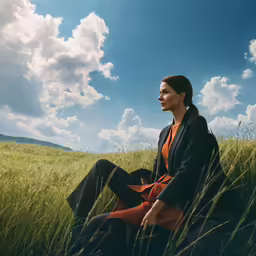 a woman sits in the grass under a partly cloudy sky