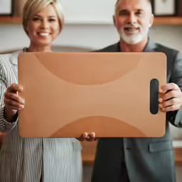 a couple of people that are holding up a wooden board