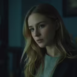 a young lady looking concerned in a darkened room