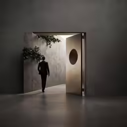 a man in suit entering a doorway on cement floor