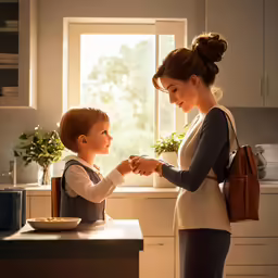mother and child are shaking hands in the kitchen