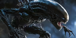a dark alien with teeth attacking towards a building