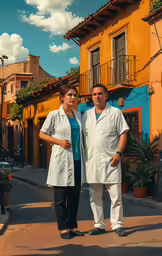 two people standing in front of a building