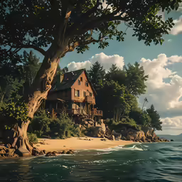 a house on the edge of a lake next to trees