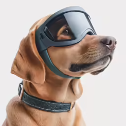 dog wearing goggles and a muzzle