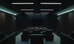 an empty room filled with a row of couches
