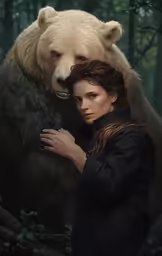 a woman in a black dress is holding a bear